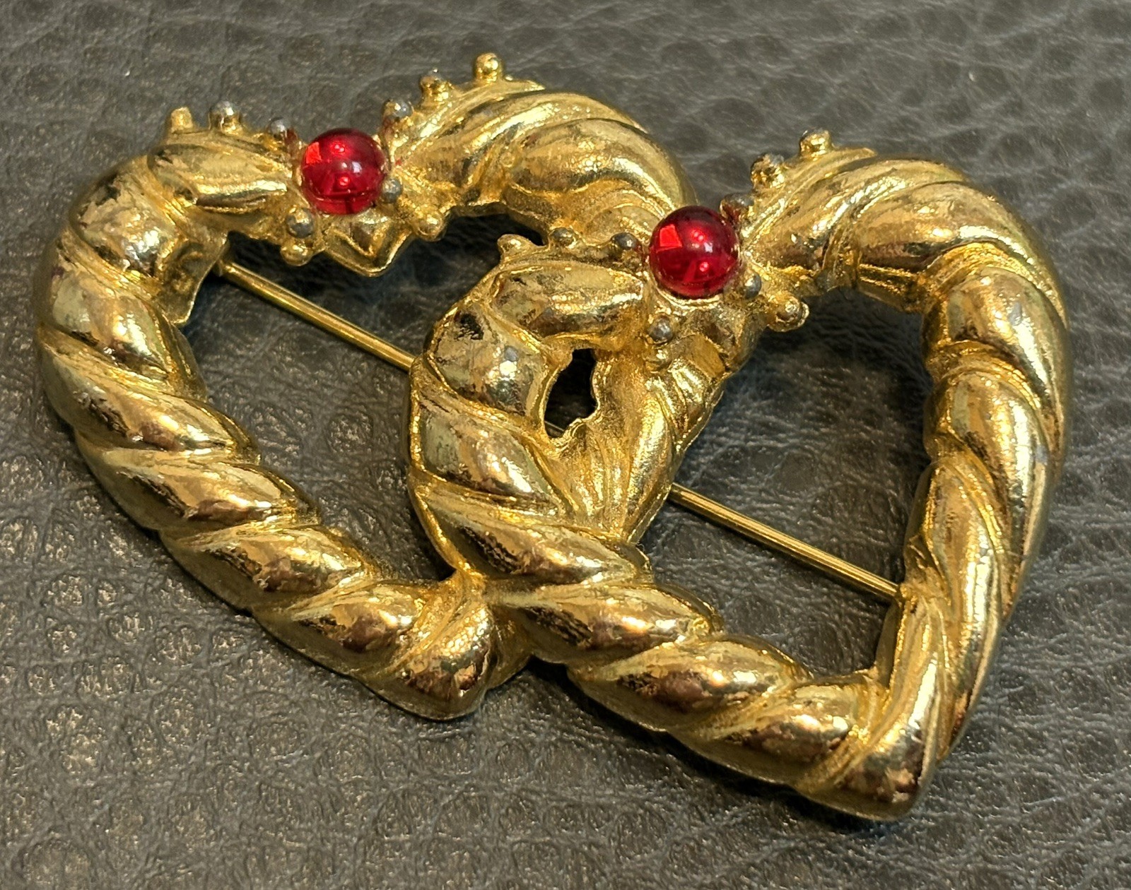 Vintage 80’s Double Heart Pin Brooch Red Gripoix Style Cabochon Gold Tone Runway