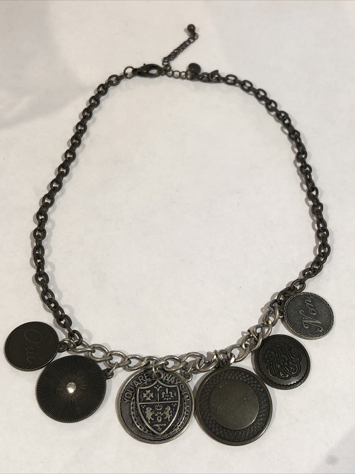 Mixed Metal Coin Chain Link Silver Tone Necklace French Oui Non Signed aeo