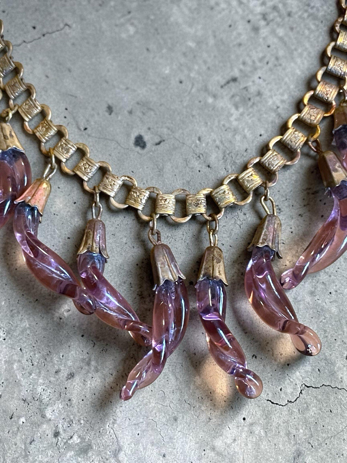 Victorian Book-link Chain Purple Twisted Czech Art Glass Festoon Bib Necklace