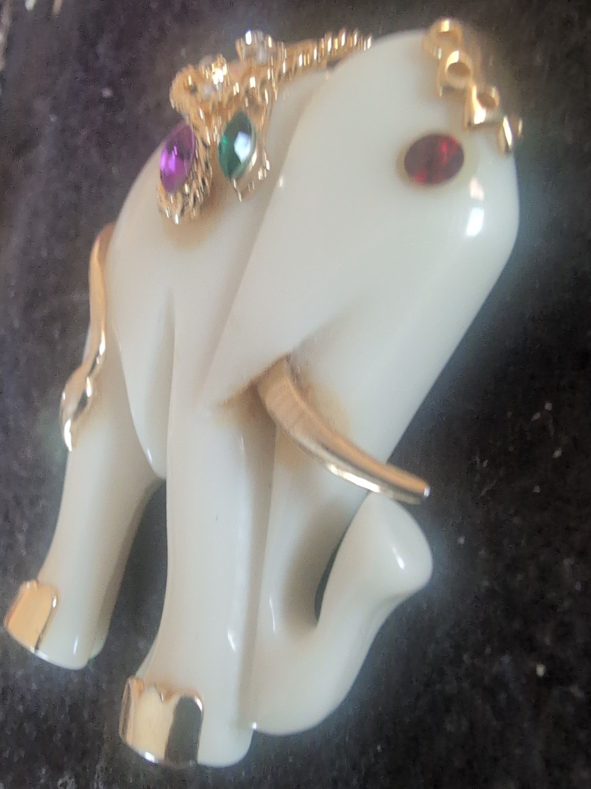 Vintage White Elephant Brooch , Gold Tones, Purple & Green, & Red Rhinestones