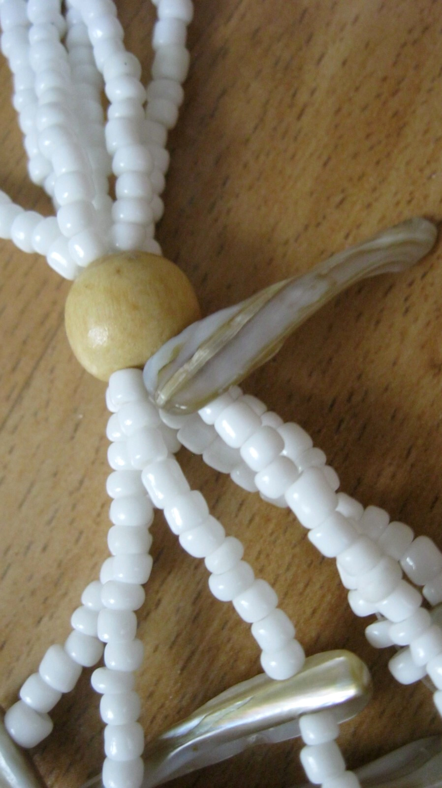 Vintage Multi Strands Necklace Abalone Shell, White Milk Glass & Wooden Beads