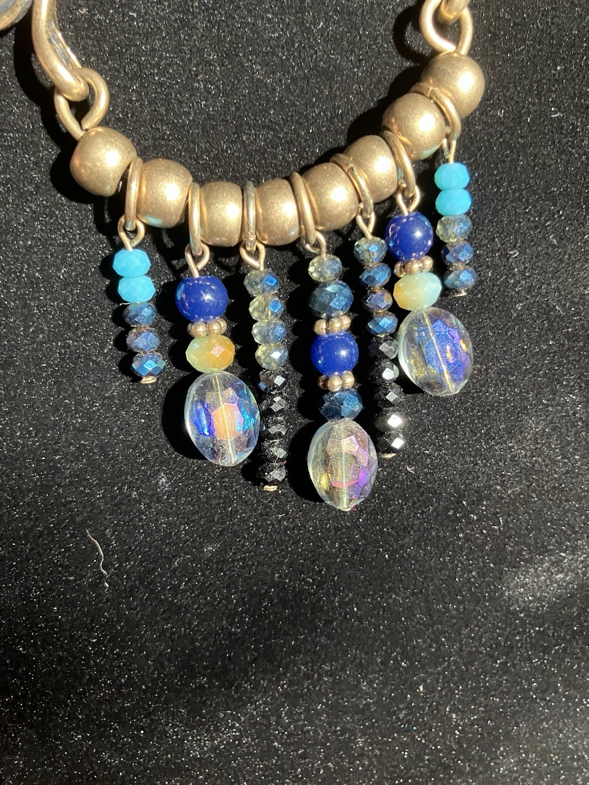 Bohemian Style Necklace Brass Toned Metal, Blue Leather, Drop Beads