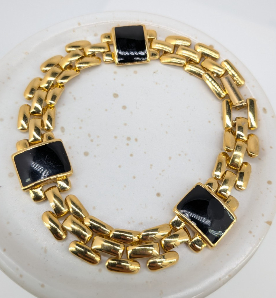 Trifari Signed Gold Tone Black Station Link Bracelet 7.25 in Vintage Designer