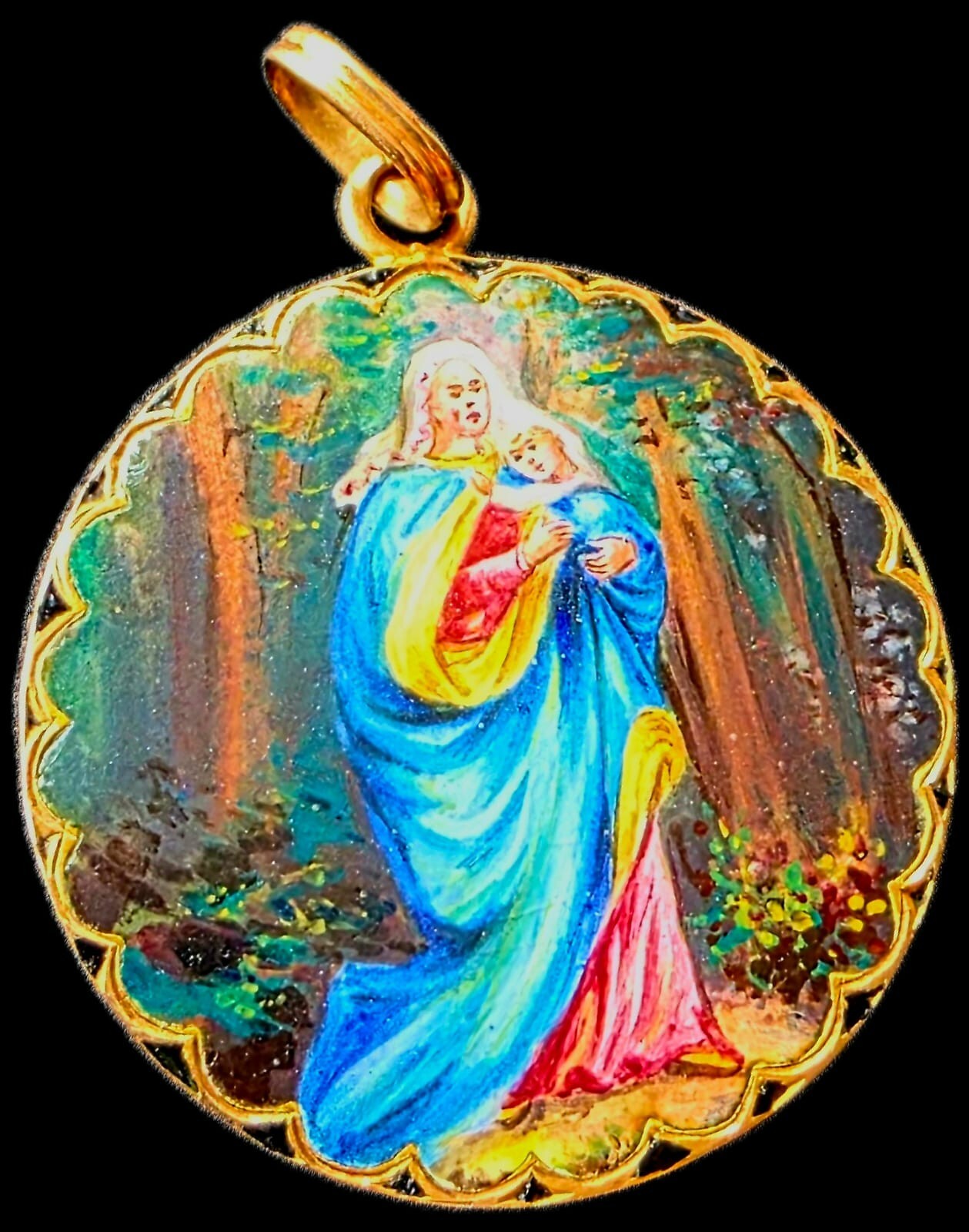 Fine Antique European Art Nouveau 18K Gold Enamel Madonna Medal Pendant Ca 1900