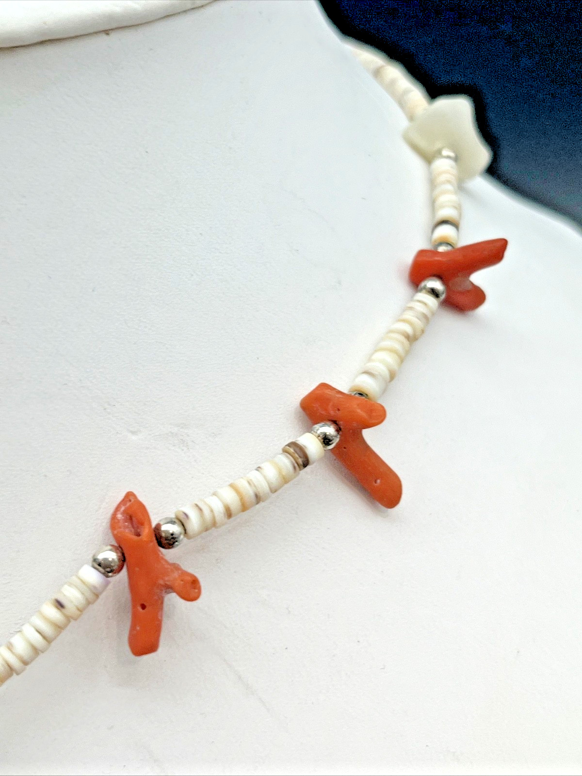 Vintage Genuine Branch Coral and Shell Bead Fetish Style Station Choker Necklace