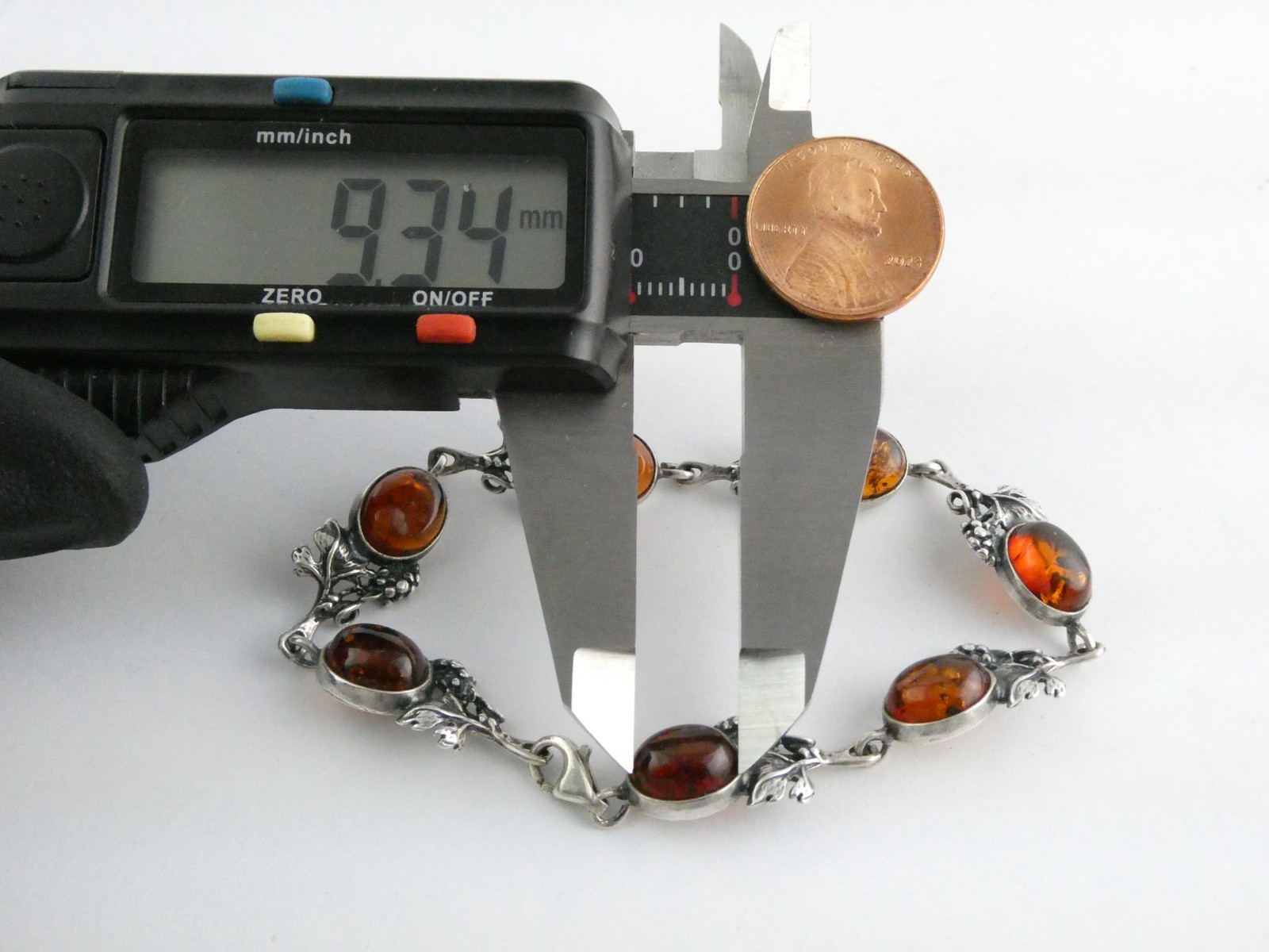 Vintage Sterling Silver Amber Cabochon Grape Vine Link Bracelet 925 7.25In 10.6g