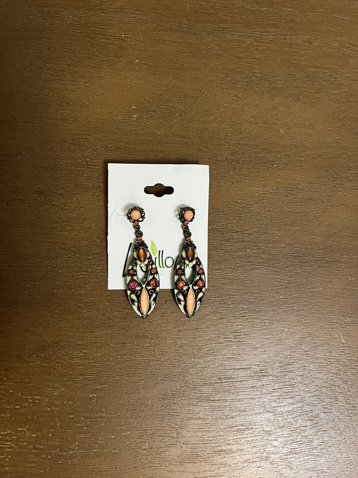 Vintage Earrings Pink Orange Red Stones Cream shimmer Gold/Bronze Hanging