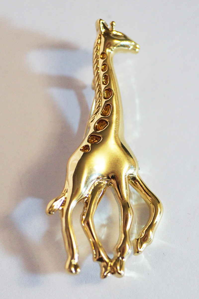 Vintage Giraffe Brooch Pin Bright Gold Tone w/ Amber Color Stones 2.35″