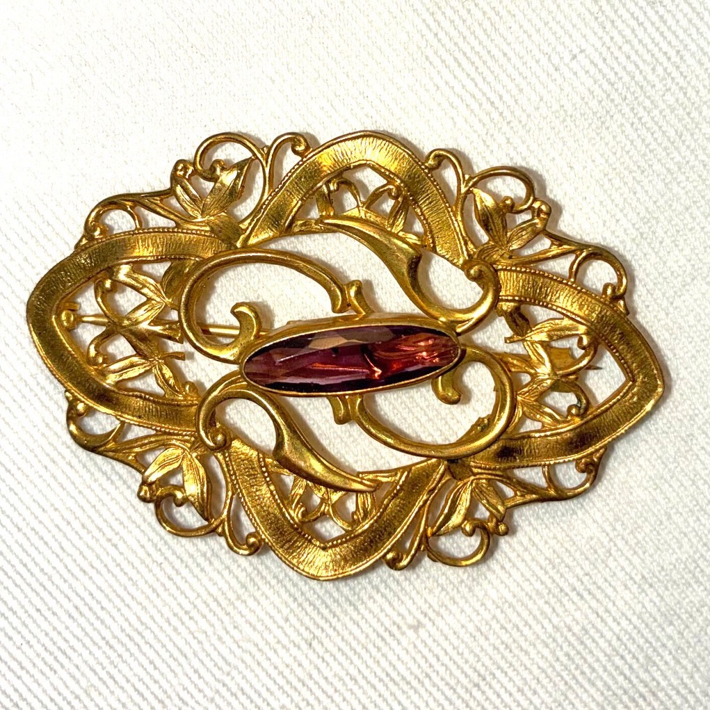 Art Nouveau Style Gold Tone Sash Pin Brooch Faceted Amethyst Glass Large