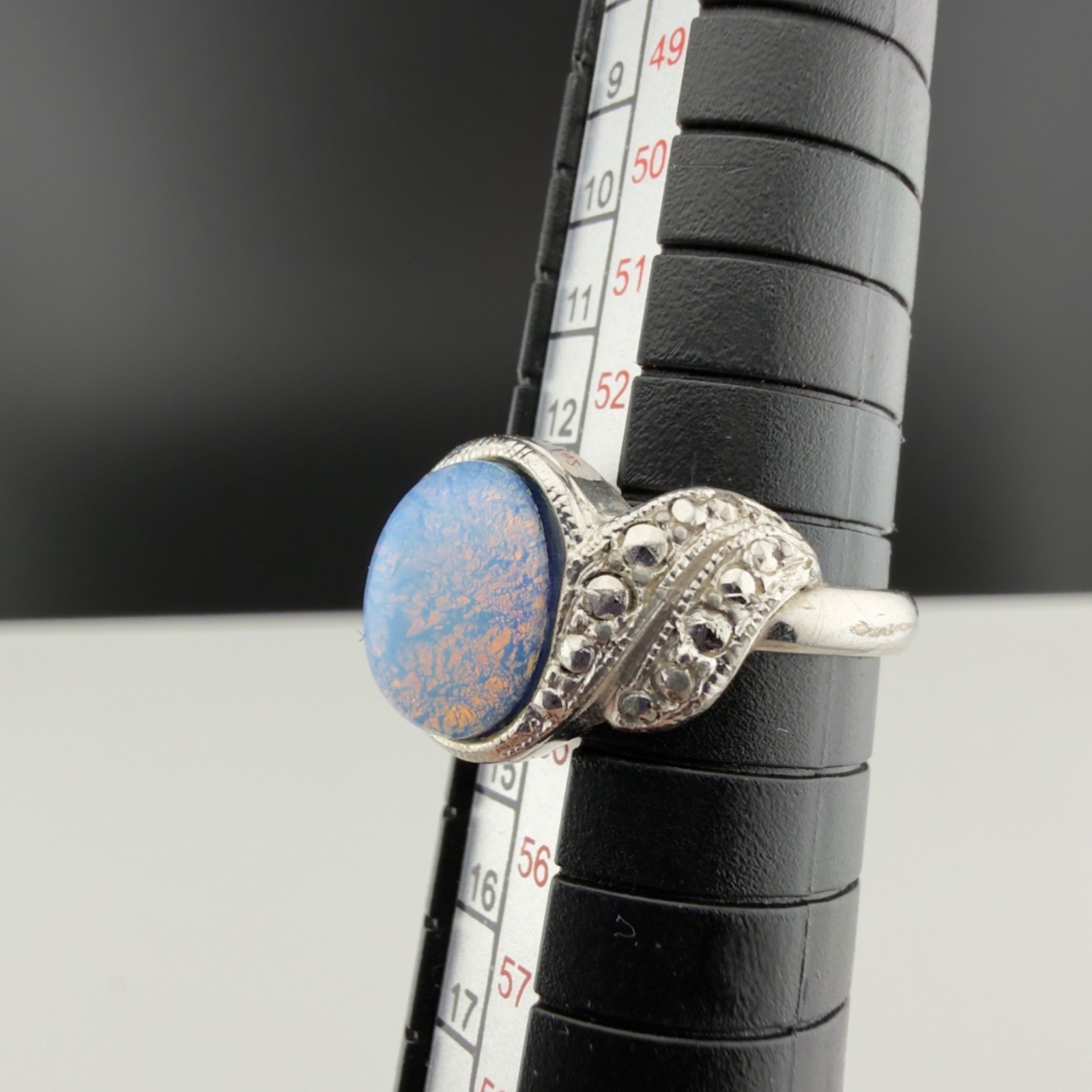 Vintage Silver Tone Faux Marcasite Blue Lab Opal Ring Size 7