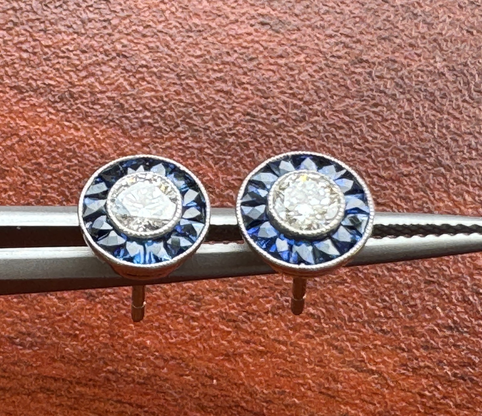 ART DECO STYLE .55 ctw DIAMOND w/ SAPPHIRE HALO PLATINUM EVERYDAY STUD EARRINGS