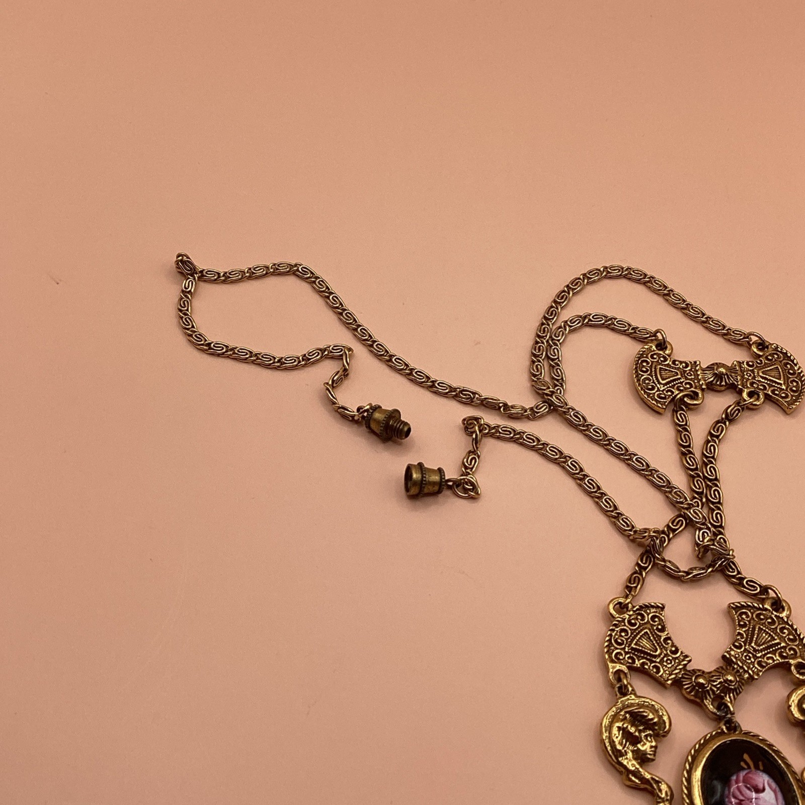 Victorian Revival Gold Tone Pendant Necklace W/ Black Oval Cameo Hand Painted