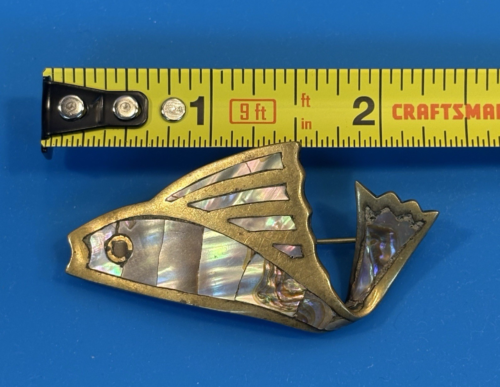 Los Castillo Taxco Mexico Brass Abalone Fish Brooch Pin Signed 2.25″ Vintage
