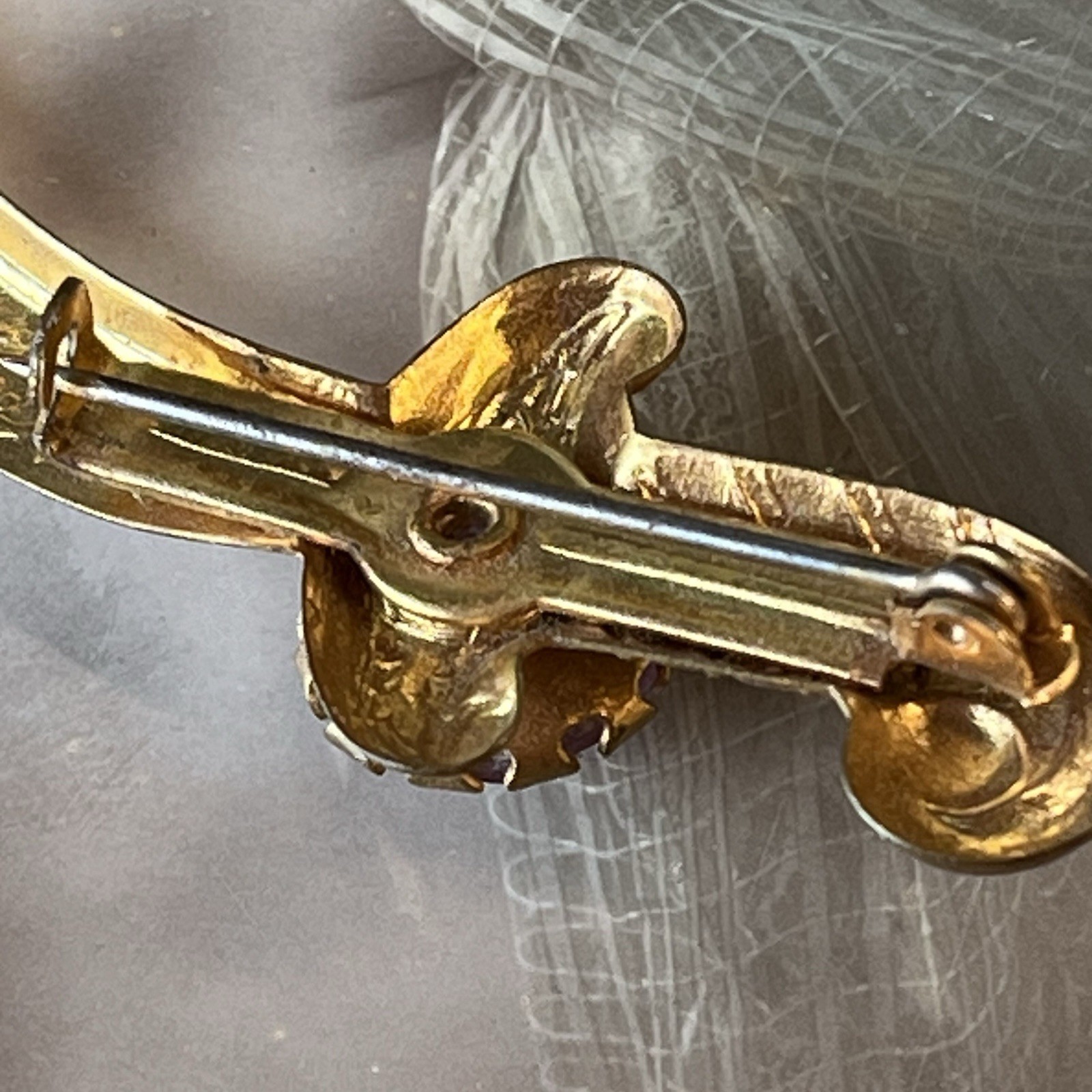 Antique Victorian Crescent Bar Brooch – Gold Plate – Lavender Paste – C-Clasp