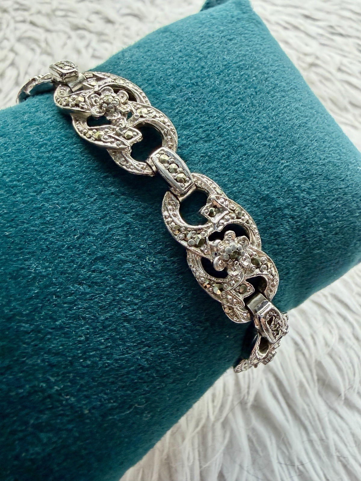 Antique Signed SPHINX Marcasite Link Bracelet Art Deco 1950s Floral Silver Tone