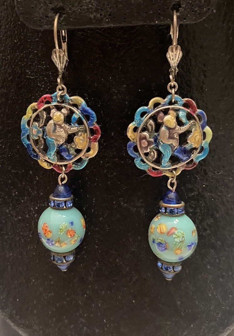 Vintage Asian Themed Colorful Ronde Bosse Enamel Art Glass Rhinestone Earrings
