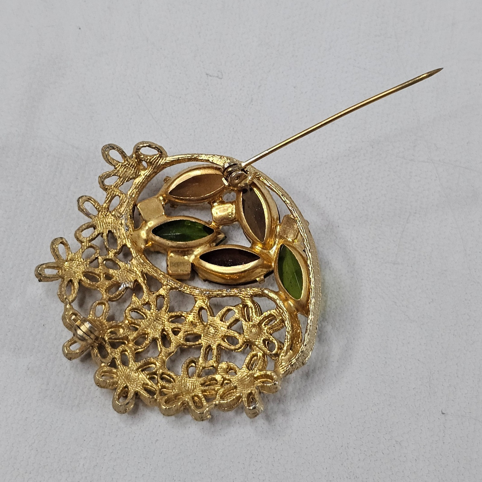 Gold Tone Floral Brooch Fall Colors Open Work Navette Rhinestone Unmarked Pin