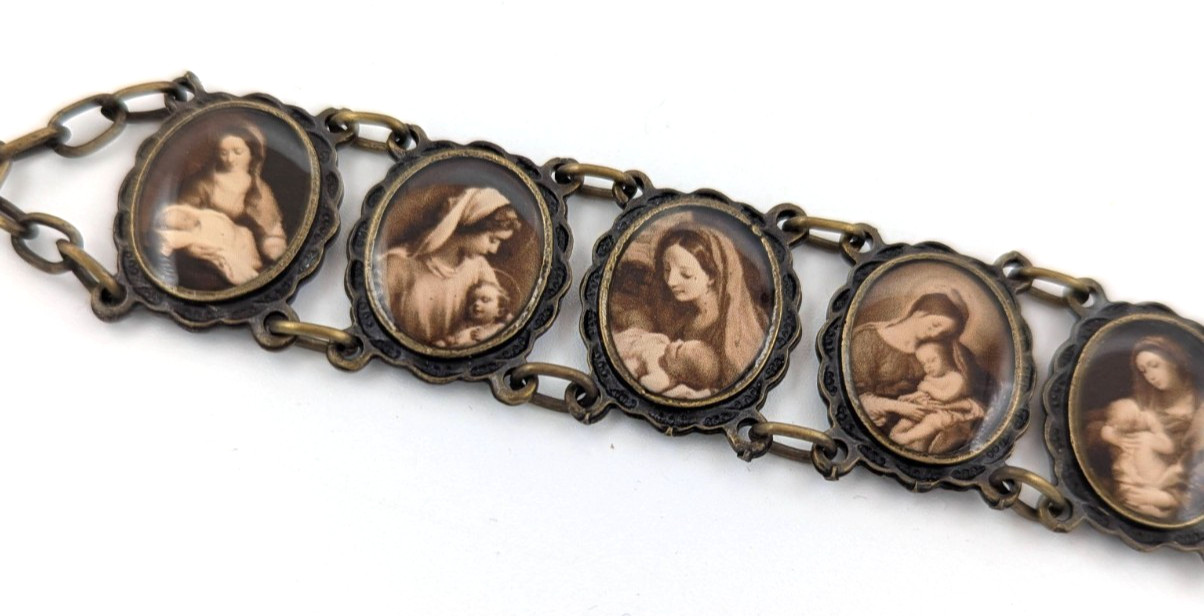 Vintage Religious Panel Link Bracelet Madonna & Child Sepia Mother & Baby