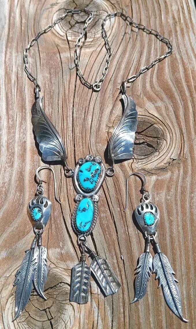 VINTAGE NAVAJO TURQUOISE STERLING SILVER FEATHER NECKLACE & EARRINGS 25.7 Gram