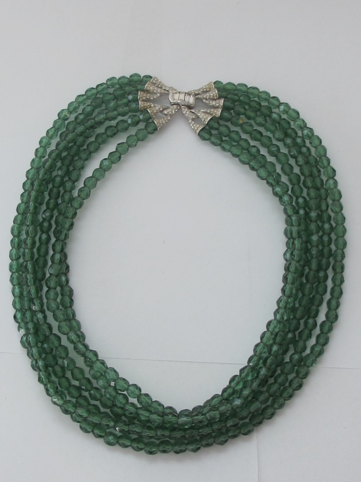 Faceted Green Glass Multi-strand Choker Collar necklace & Rhinestone Clasp C6