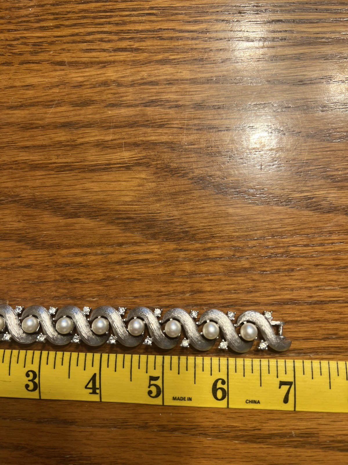 Vintage Trifari Link Bracelet Faux Pearl Rhinestone Silver Tone