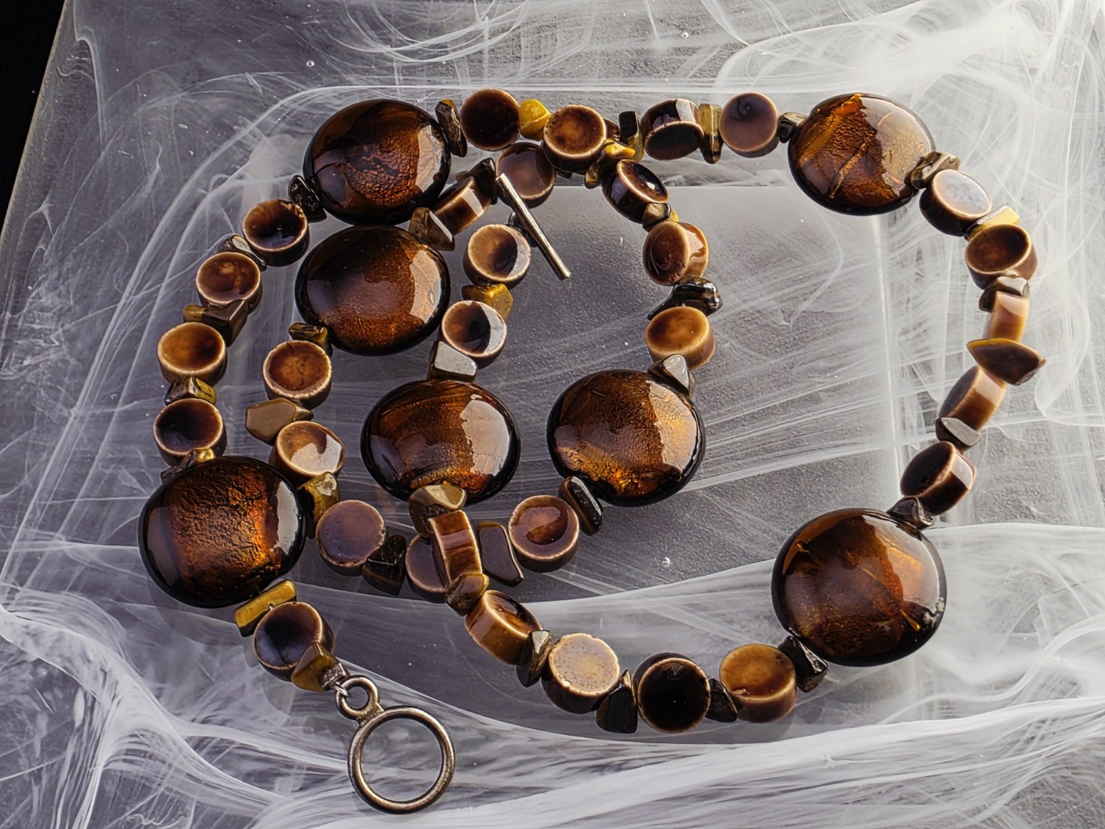 Vintage TIGER’S EYE Glass Goldstone Necklace Chunky BOHO Earthy Statement 21″