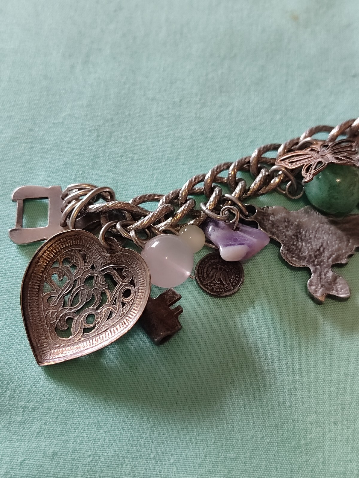 Vintage Loaded Dangle Charm Starter Bracelet Silver Plate Pewter Art Glass Stone