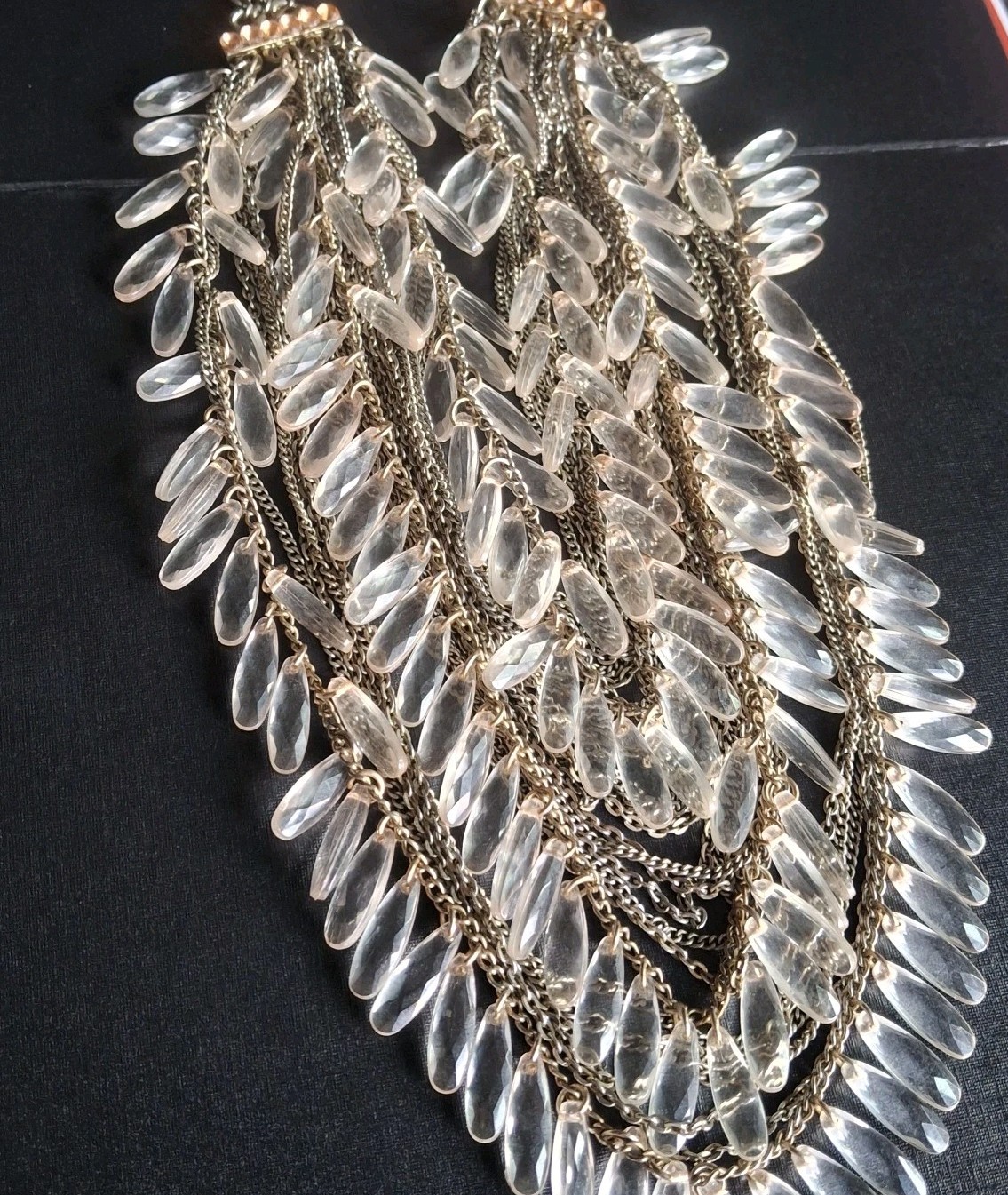VTG Statement Bib Necklace Multi-Strand Fringe Featuring Clear Lucite Teardrops