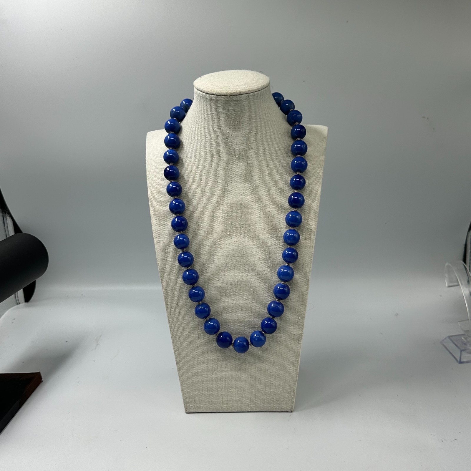Vintage Chinese Peking Blue Glass Bead Necklace Hand Knotted Cloisonne Clasp 26″