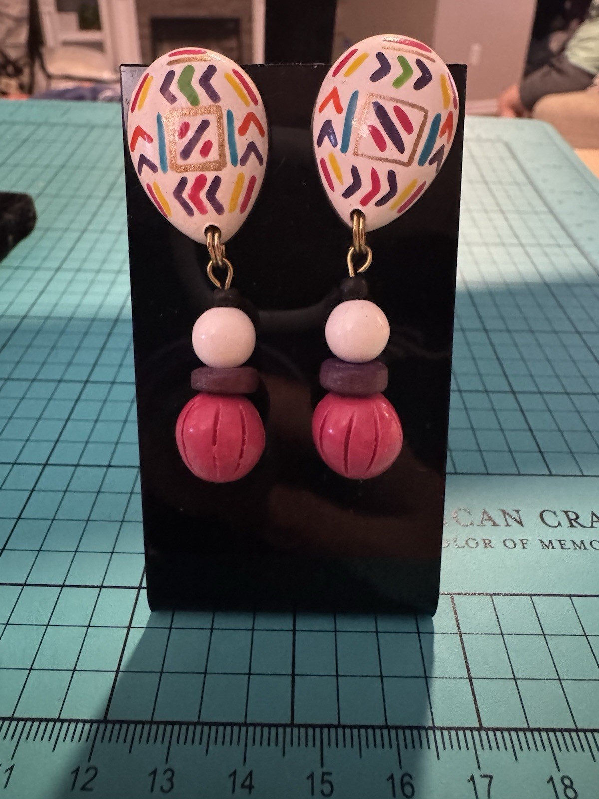 Vintage 90s Hand Painted Colorful Dangle Drop Earrings Pink White Purple Gold