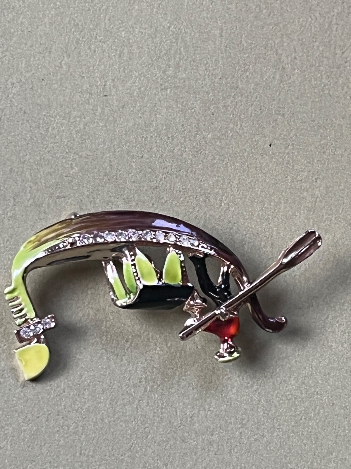 Vintage LIme Green Black & Red Enamel Asian Fishing Boat Figural w Clear Rhinest