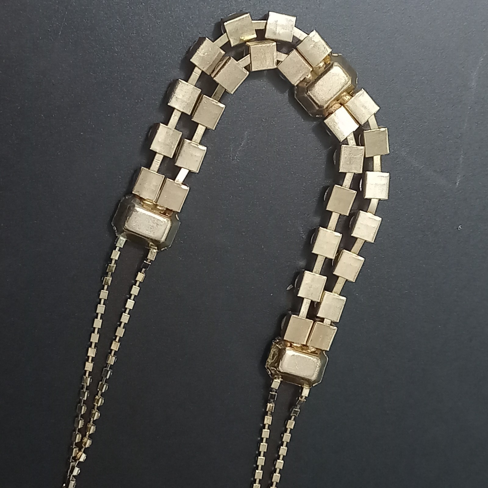 Vintage Gold Tone Clear Rhinestone & Black Emerald-Cut Stone Statement Necklace