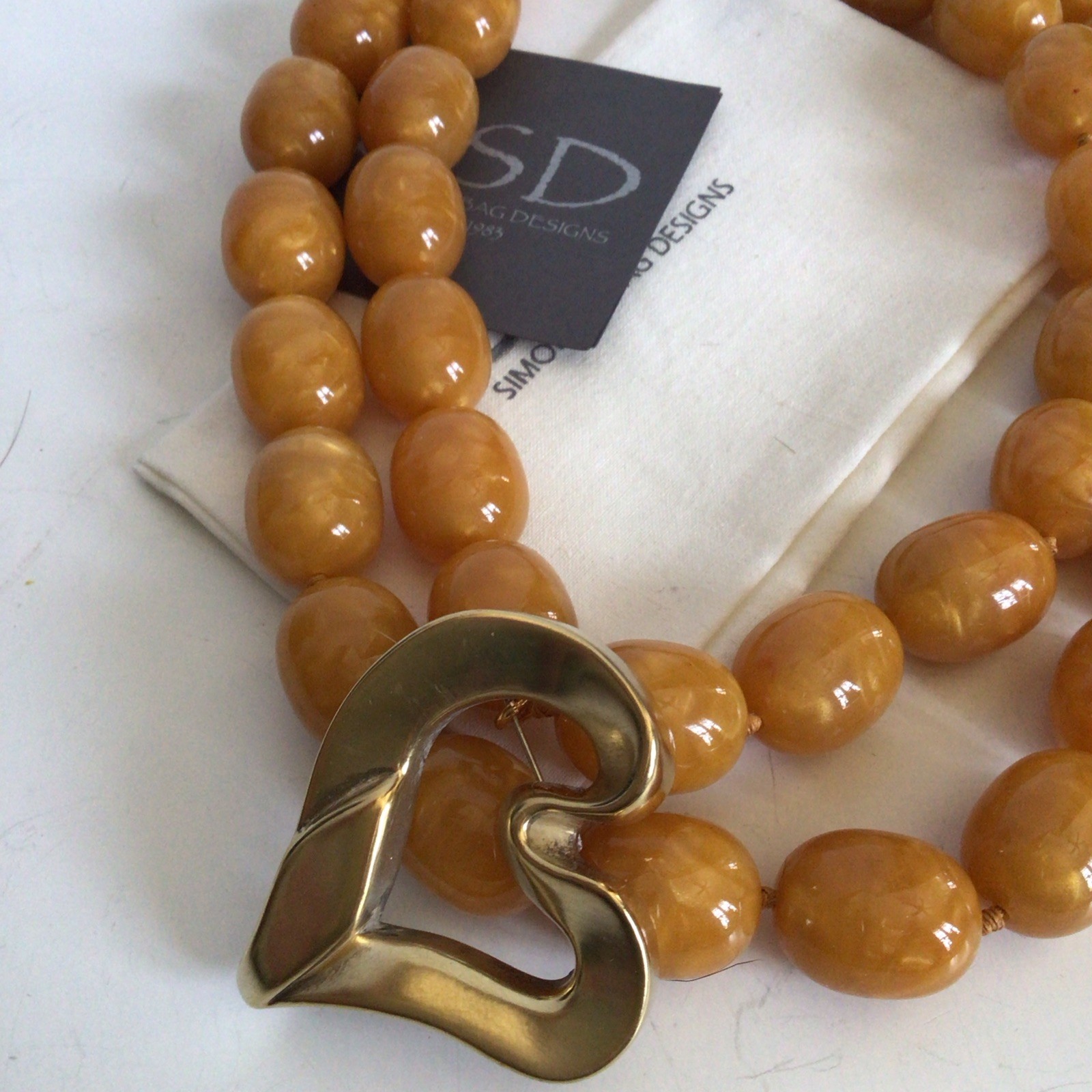 SPECIAL SEBBAG VON MUSULIN NECKLACE STERLING/GOLD HEART HUGE AMBER COLOR BEADS