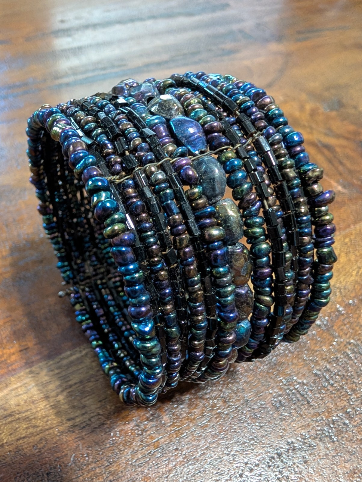 Boho Peacock Blue Purple Beaded Cuff Bracelet Memory Wire Statement Artisan Y2K