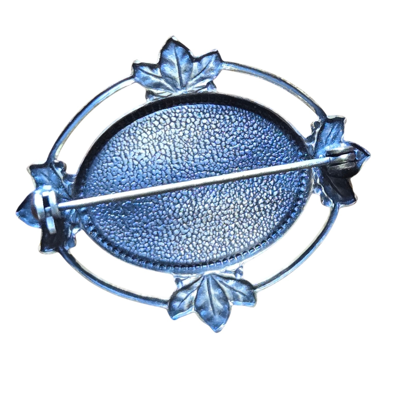 Vtg Blue Foiled Glass Cab Brooch Foliate Details Dbl Border Setting 1.5″ x 1.25″