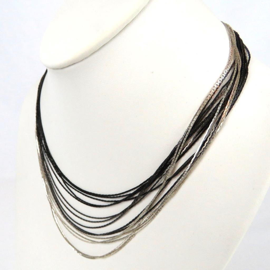 Multi Strand Dark Metal Chain Necklace Black and Silver Tone Fashion Jewelry