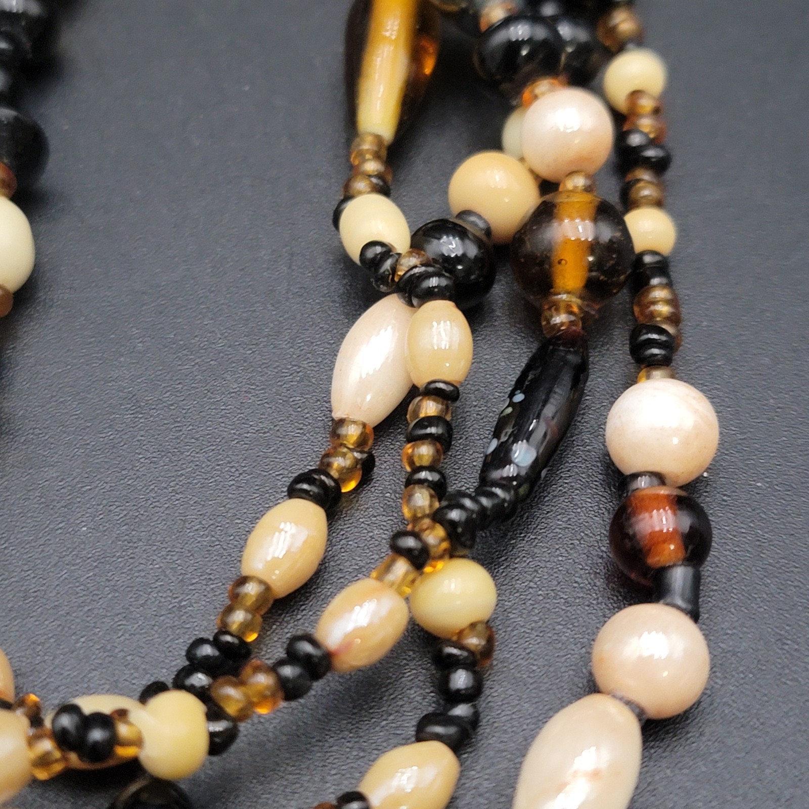 Vintage Glass Bead Necklace Long Opera Flapper Boho Cream Black Amber Earth Tone