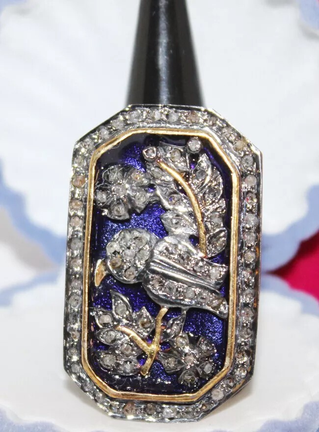 3.15ct Rose Cut Diamond 925 Silver Blue Enamel Wedding Cocktail Ring