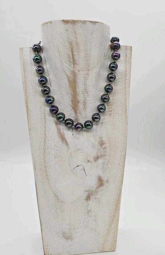 Peacock Black Pearl Hand Strung Beaded Choker Necklace Hand tied knot Vtg 16 in