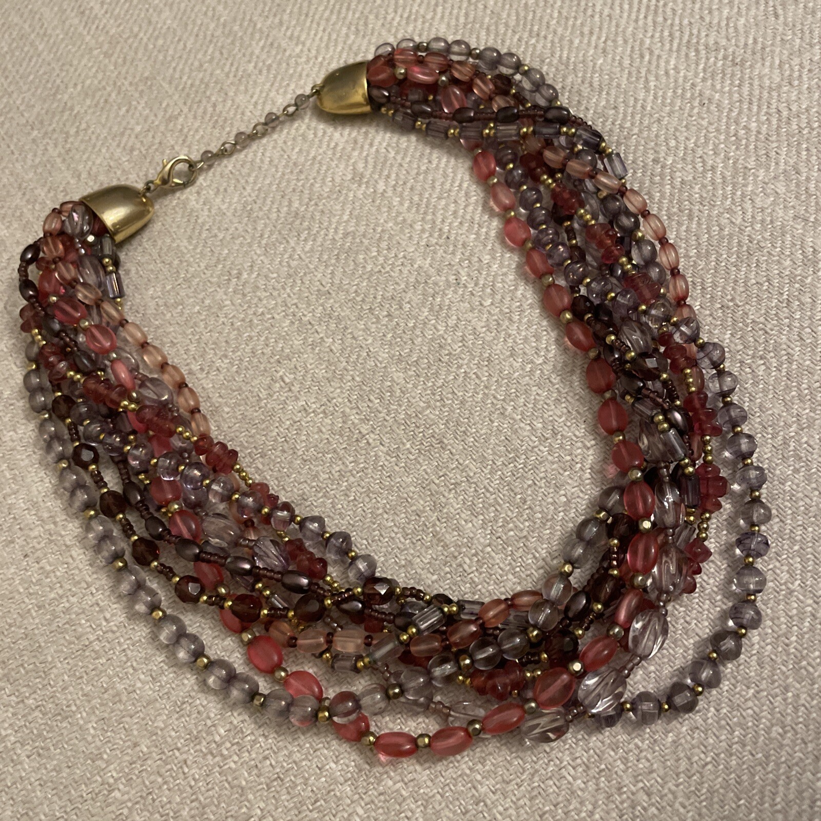 Vintage boho Multi Strand Beaded purple Pink Red Glass Gold Tone Necklace