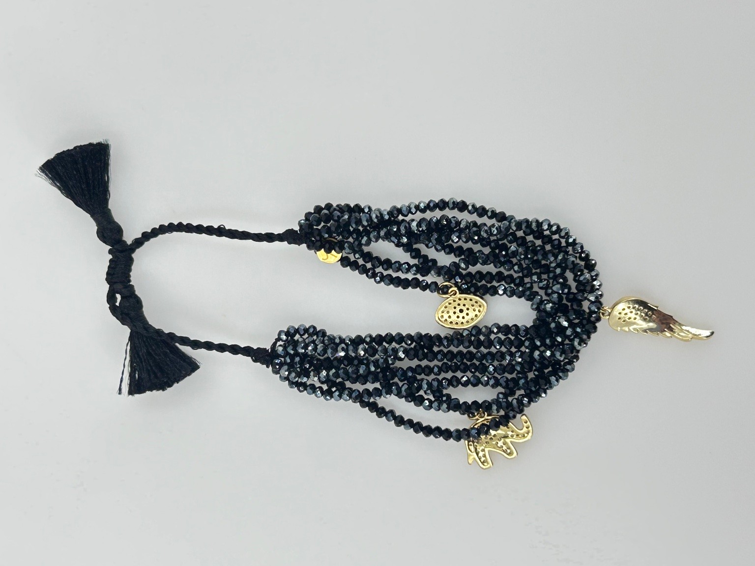 HSN JK NY Gold-Tone Protect Black Beaded Charm Adjustable Bracelet