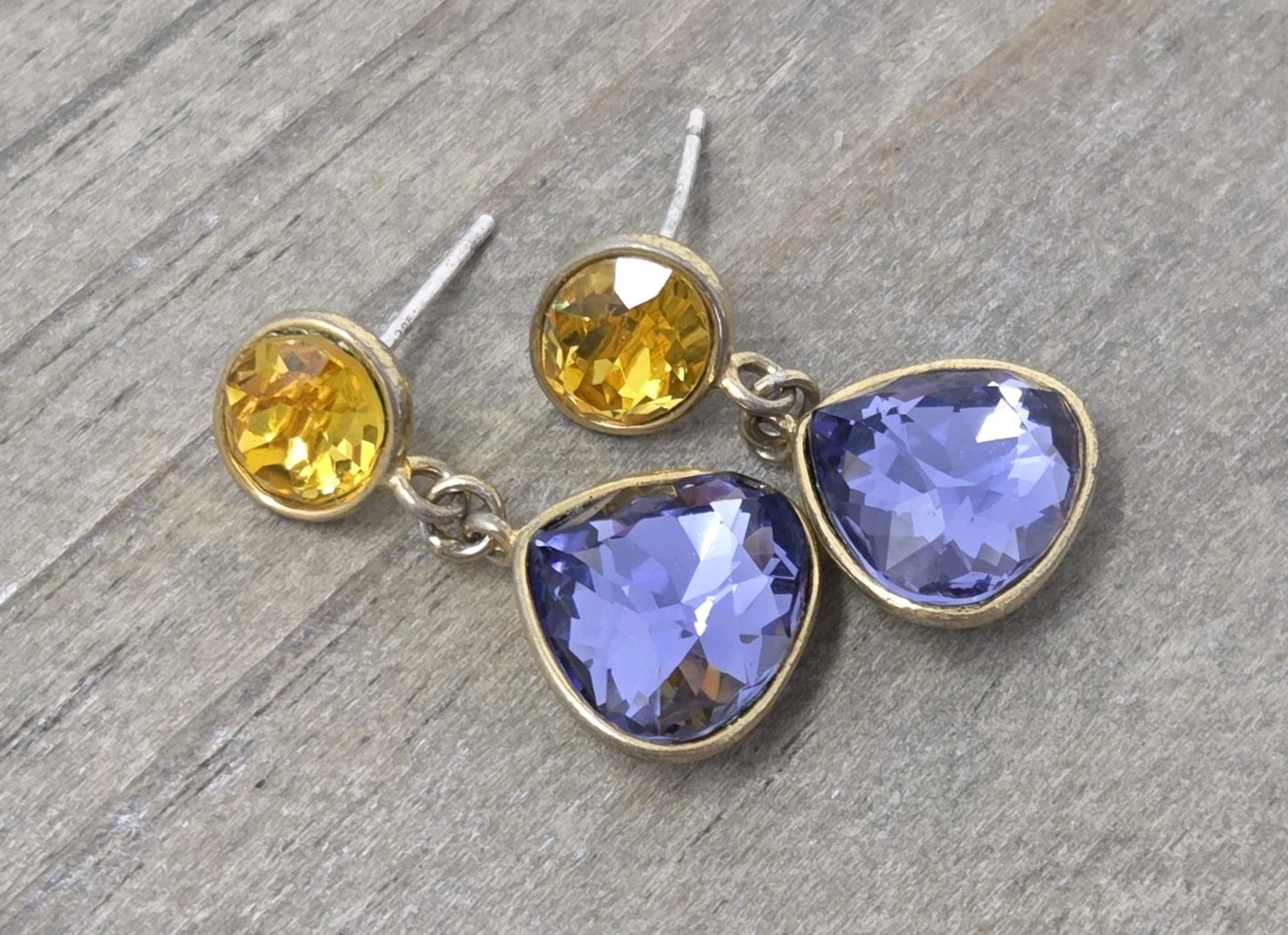 Purple & Yellow Crystal Dangle Drop Earrings Vintage Teardrop Unsigned .9″