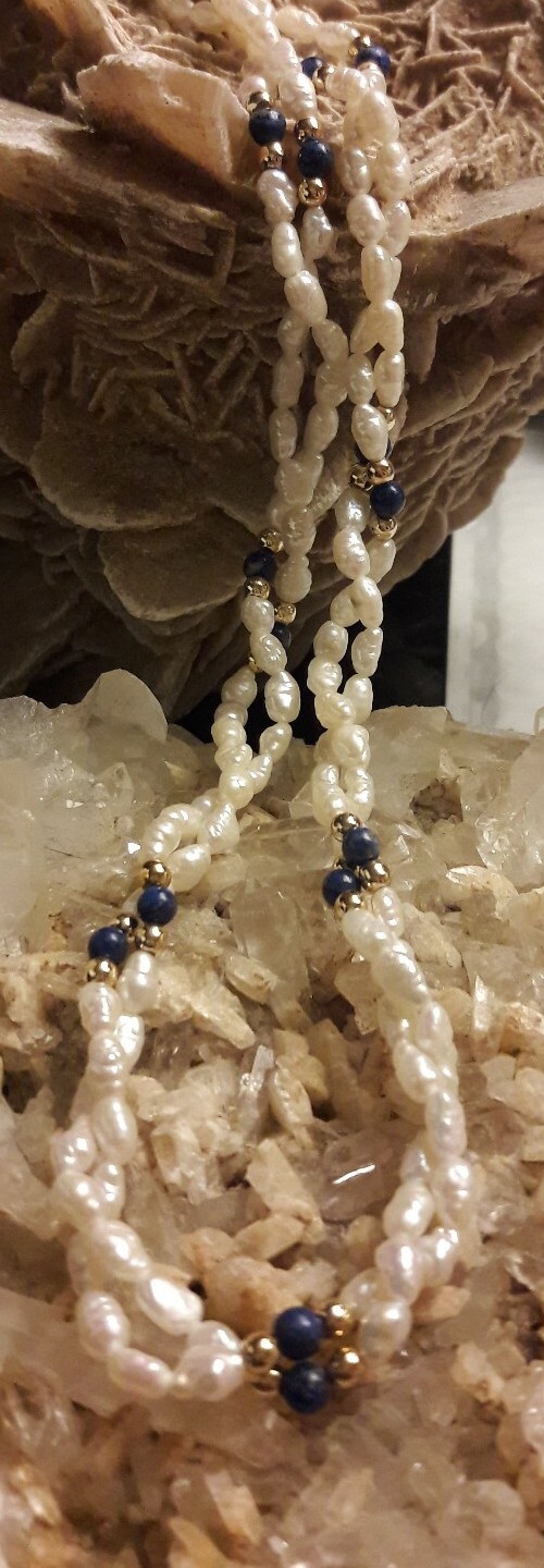 Antique Pearl Lapis Lazuli 18″ Beaded Double Necklace gold tone