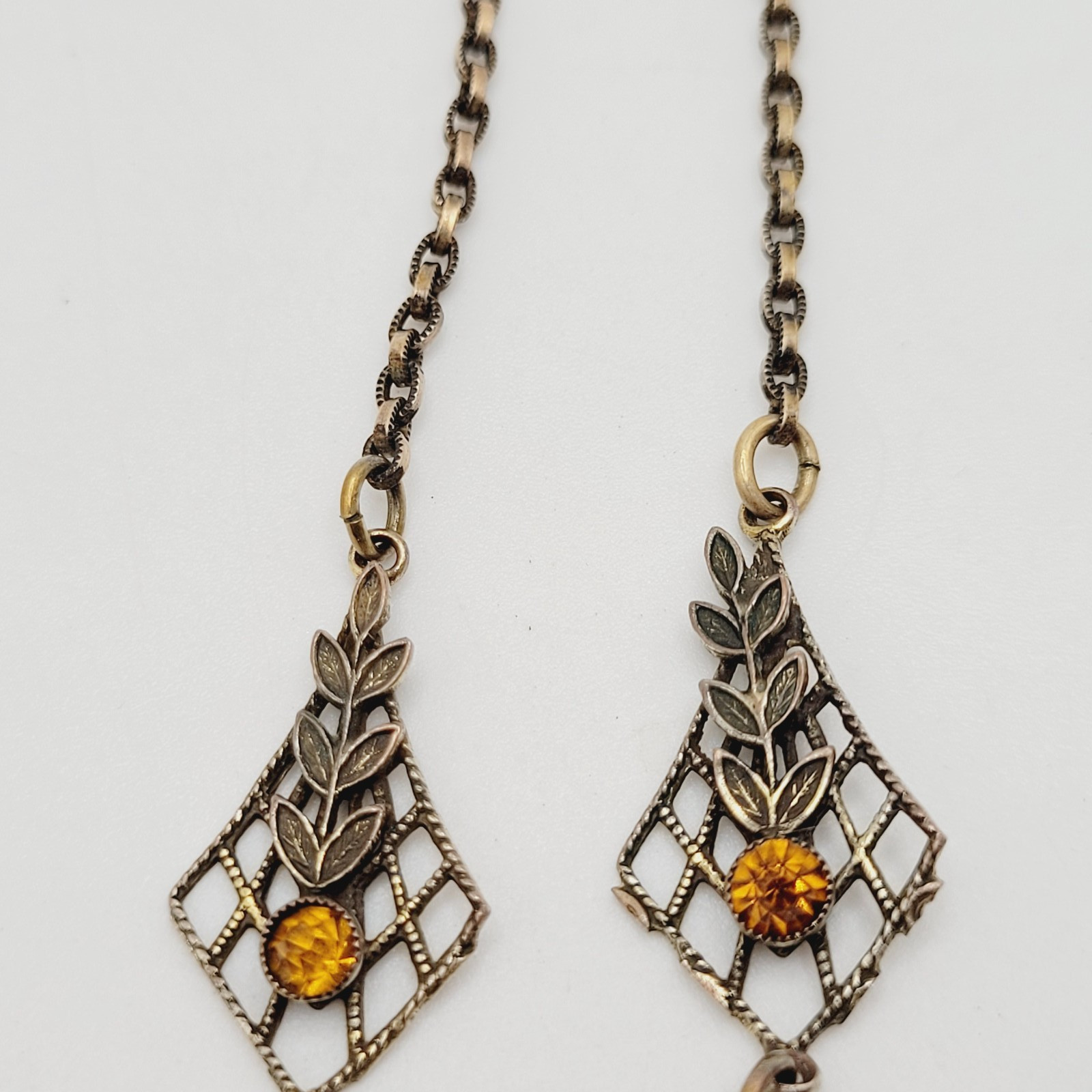 Czech Glass Art Nouveau Deco Flower Motif Brass Festoon Bib Amber Citrine 15 In
