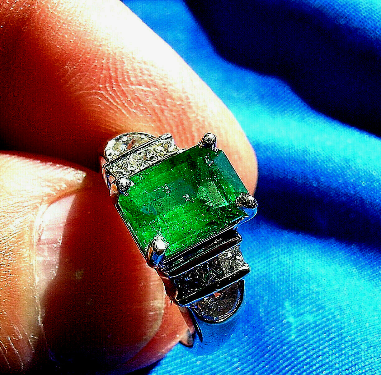 Original EARTH MINED EMERALD DIAMOND Deco Engagement Ring 14K GOLD Solitaire S 7