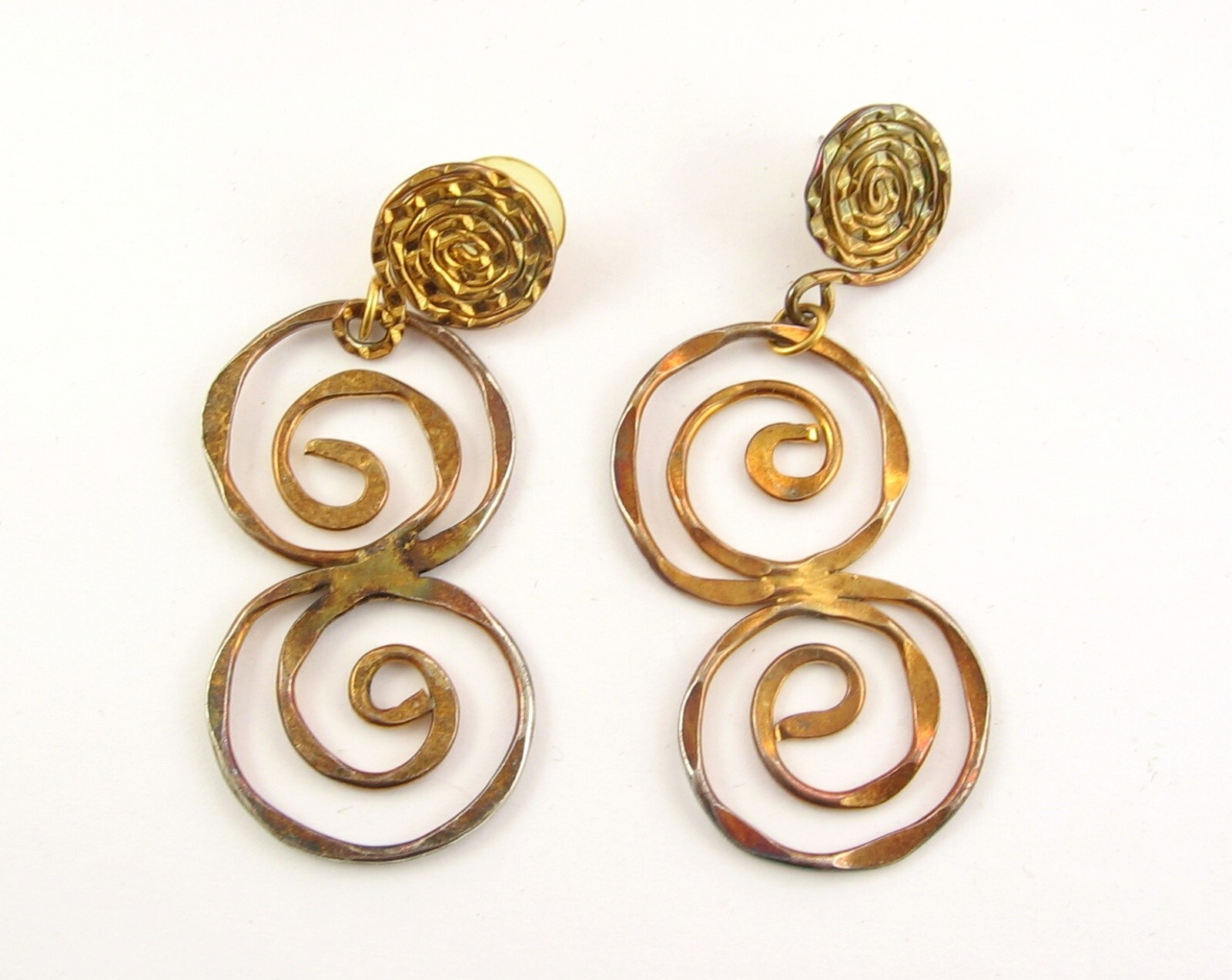 SPIRAL DANGLE EARRINGS Vintage Pierced Post Goldtone Handcrafted Tolarams 2 5/8″