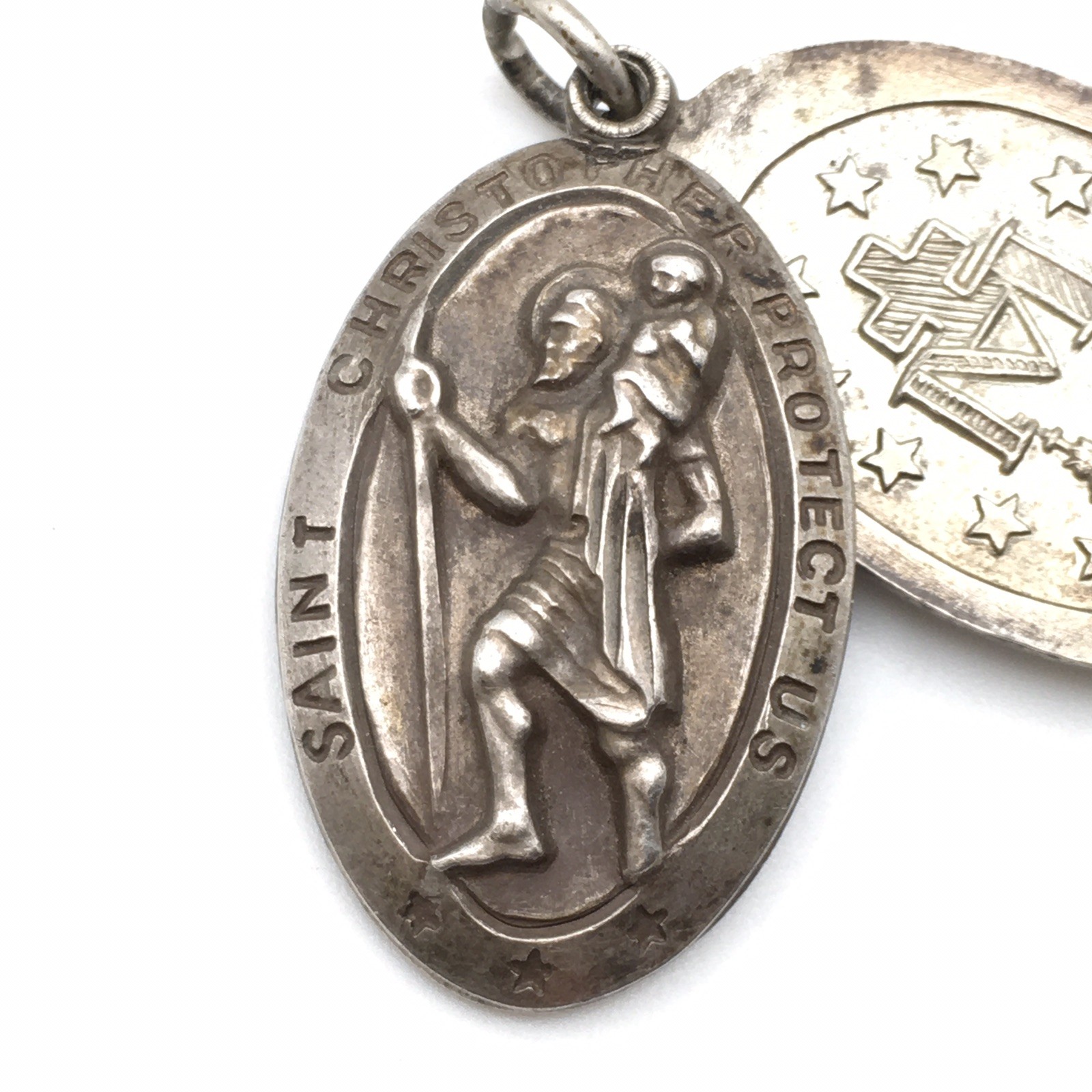 13.3g Vintage Sterling Silver CHAPEL Mary & St Christopher Religious Medal #90