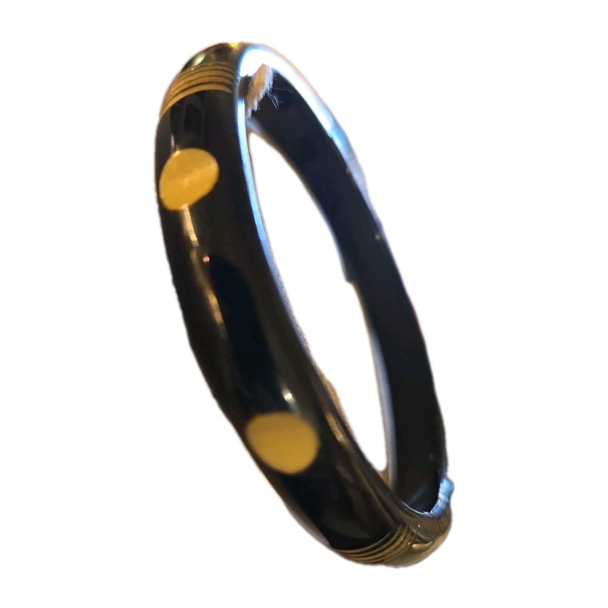 Vtg 1960s Retro Black And Butterscotch Polka Dot Lucite Bangle Bracelet