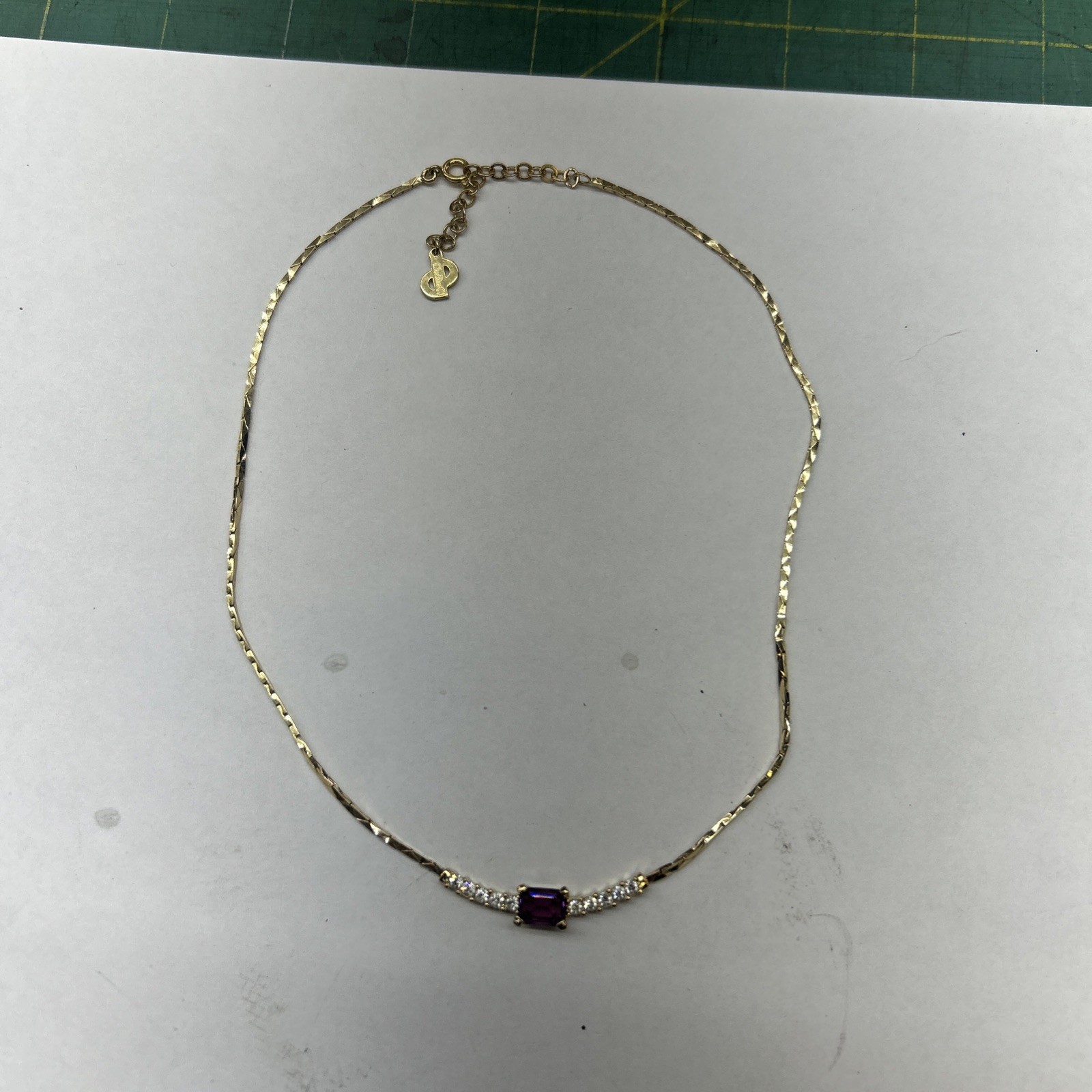 Christian Dior Crystal Baguette Necklace Gold Tone Purple Stone 15-17”