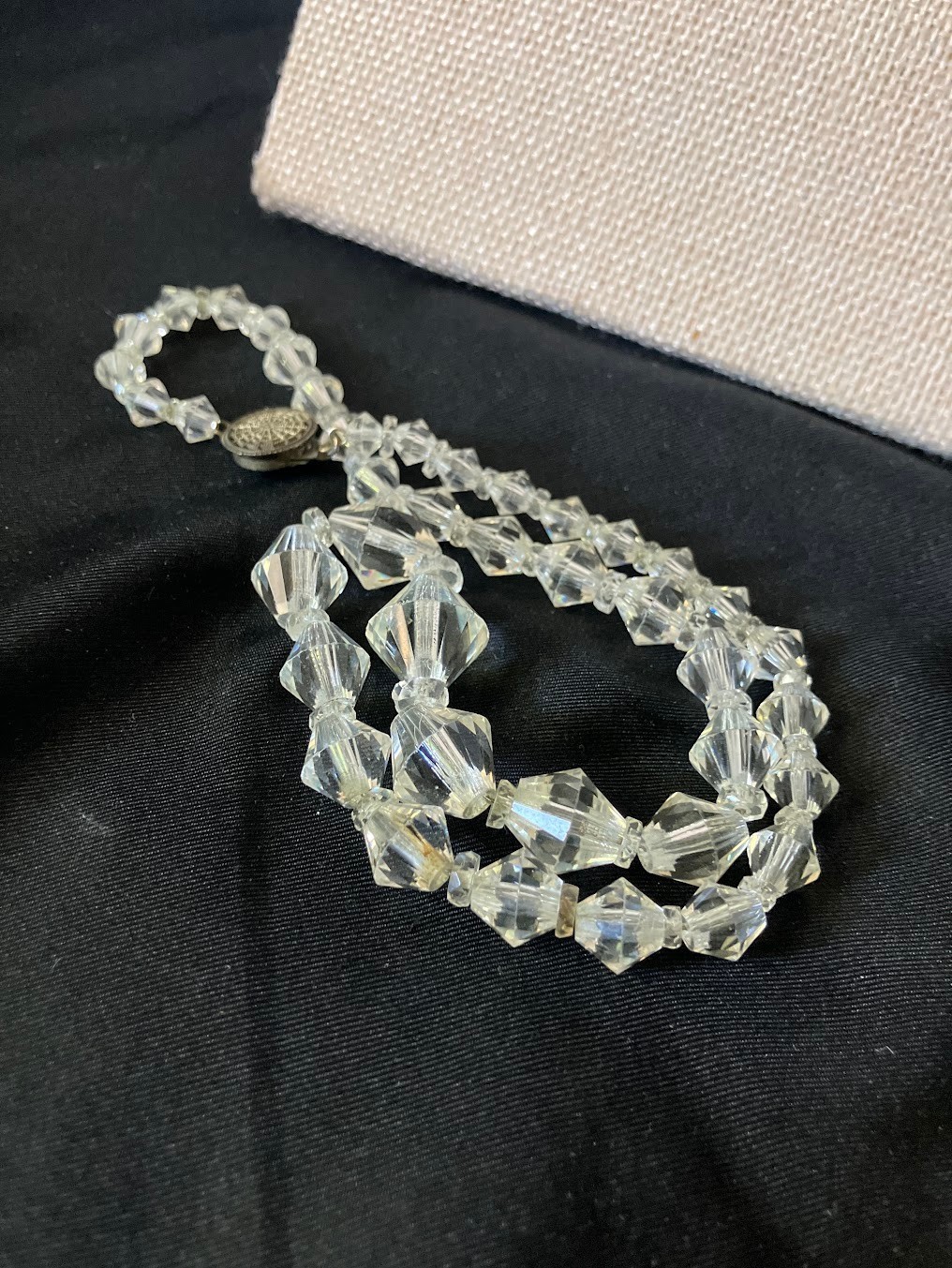 Vintage Art Deco Faceted Crystal Necklace Silver Chain Faceted Bi-cone Beads 16″